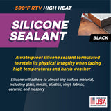 Rutland 500°F RTV High Heat Silicone, High Temperature Sealant, Black, 2.7 oz Tube