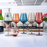Colored Wine Glasses Set of 6 Crystal, 18oz - Unique Fall Drinking Glass Cups with Stem - Luxury Multi Color Glassware Gift Set for Wife & Mom - Colorful Hand Blown Glass Drinkware for Red White Wine.