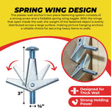 QUALIHOME Spring Toggle Bolt Anchors - Heavy Duty Wall Anchors for Hanging Items w/Hollow Walls & More - Stainless Steel Hollow Wall Anchor for Frames, Shelves, Mirrors & More (3/8" x 3")