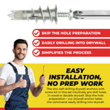 Qualihome Zinc Self Drilling Drywall Anchor Hollow Wall Anchor Kit With Screws - Metal Self Drilling Drywall Anchors With Wide Screw Fins - #8 Zinc Drywall Anchors Heavy Duty (10 Pack)