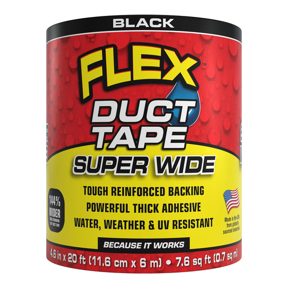 Flex Duct Tape, Super Wide, 4.6 Inches x 20 Feet, Black, Heavy Duty Strong, Multi-Surface, Water, Weather and UV Resistant, Tearable, Perfect for Boxes, No Residue