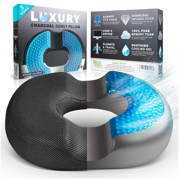 H. Luxury Donut Pillow for Tailbone Pain, Hemorrhoid Butt Cushion for Postpartum Pregnancy Surgery, Charcoal Infused Memory Foam Doughnut Ring Seat Pad for Sitting Pressure Relief, Hydro Cooling Gel