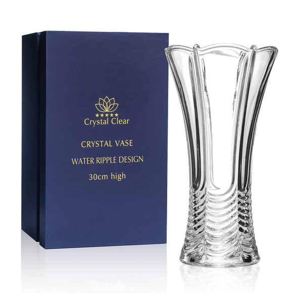 CS Crystal Vase 12-inch high, Water Ripple Design, for Flowers & Decor. Lovely Nice Shiny Piece. Perfect as a Gift, Suitable for All Occasions.