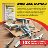 QUALIHOME Spring Toggle Bolt Anchors - Heavy Duty Wall Anchors for Hanging Items w/Hollow Walls & More - Stainless Steel Hollow Wall Anchor for Frames, Shelves, Mirrors & More (3/8" x 3")