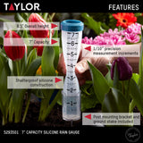 Taylor 7 inch Capacity Easy to Read Break and Freeze Proof Flexible Silicone Rain Gauge, Post Mount or Ground Stake, Teal