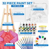 KEFF Kids Painting Set for Girls � Acrylic Paint Set for Kids - Art Supplies Kit with Pre Drawn Canvases, Non Toxic Paints, Wooden Easel, Paint Brushes, Palette & Pink Smock