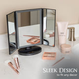 Oizeir Makeup Mirror with Lights – Natural Soft Light, Adjust Brightness, 3X Magnification, USB or Battery Power, Tri-Fold and Rotation Design for Comfortable Viewing Angle. (Black)