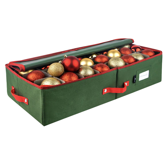 Christmas Ornament Storage - Stores up to 64 Holiday Ornaments, Adjustable Dividers, Covered Top and Two Handles. Attractive Storage Box Keeps Holiday Decorations Clean and Dry for Next Season. (Green, Underbed)