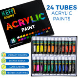 KEFF Acrylic Paint Set for Adults & Kids - 51Pcs Art Painting Kit Supplies with 24 Acrylic Paints, Wooden Easel, Canvases, Palette, Paint Knives, Water Basin & Bag