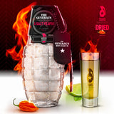 The General's Hot Sauce A Salt Weapon: American Grown,Veteran Owned. All-natural, habanero sea salt in glass hand grenade bottle with metal dog tag. Made in USA with aged American grown peppers.