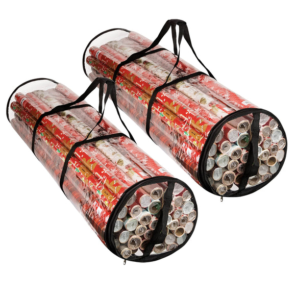 Clear Wrapping Paper Storage Bag - Transparent Design, Dual Zipper and Two Handles for Easy Carrying. Store Up to 25 Standard 40-Inch Gift Wrap Rolls. (BLACK | 2-PACK)