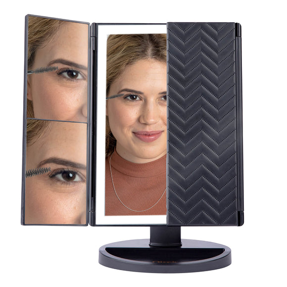 Oizeir Makeup Mirror with Lights – Natural Soft Light, Adjust Brightness, 3X Magnification, USB or Battery Power, Tri-Fold and Rotation Design for Comfortable Viewing Angle. (Black)