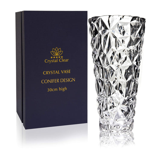 Crystal Clear Crystal Vase,, 12'' high, for Flowers & Decor, Confier Design, Lovely Nice Shiny Piece, Suitable for All Occasions, Perfect as a Gift,, Clear
