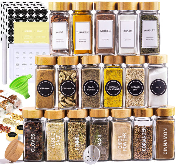 Glass Spice Jars with Label Set, Bamboo Lids & Funnel - Kitchen Airtight Storage Jars with Lids - Spices and Seasonings Sets Organizer, Spice Glass Jar with Lid Food Canister Bottle Sugar Shaker