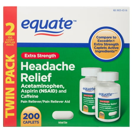 Equate Extra Strength Headache Relief Caplets  250 mg  100 Count  Twin Pack