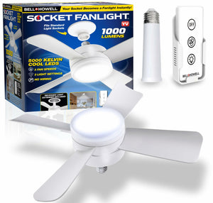 Bell+Howell Socket Fan Light Original, Socket Ceiling Fan with Lights and Remote - 3 Adjustable Fan Speed/Brightness Settings, Ceiling Lights, LED Lights for Bedroom, Bathroom, As Seen On TV