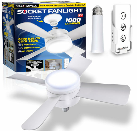 Bell+Howell Socket Fan Light Original, Socket Ceiling Fan with Lights and Remote - 3 Adjustable Fan Speed/Brightness Settings, Ceiling Lights, LED Lights for Bedroom, Bathroom, As Seen On TV