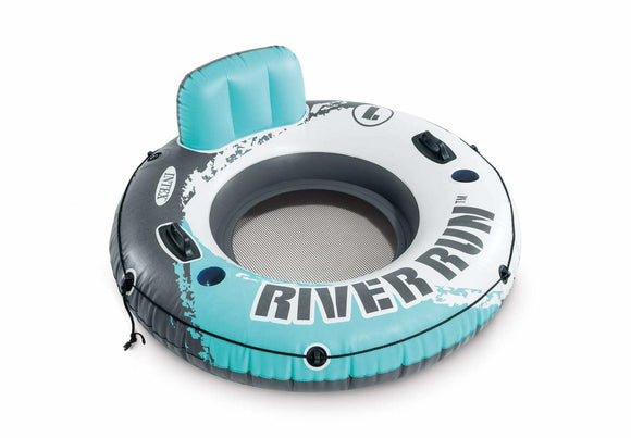 INTEX 56825EP River Run 1 Inflatable Floating Lounge: Comfortable Backrest – Built-in Cup Holders – Durable Grab Handles – All Around Grab Rope – 220lb Weight Capacity – Color May Vary