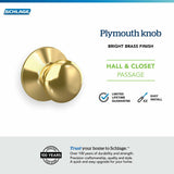 Schlage F10 PLY 605 Plymouth Door Knob, Hall & Closet Passage Lock, Bright Brass
