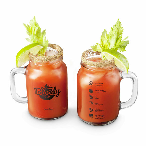 Final Touch Bloody Mary Mason Jar Glasses - Set of 2 | Vintage Style with Complete Recipe Guide | Thick Glass with Handle for Perfect Cocktails (GG5205) (New - without box)