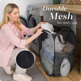 Handy Laundry Collapsible Mesh Pop Up Hamper with Wide Opening and Side Pocket – Breathable, Sturdy, Foldable, and Space-Saving Design for Clothes and Storage. (Black)