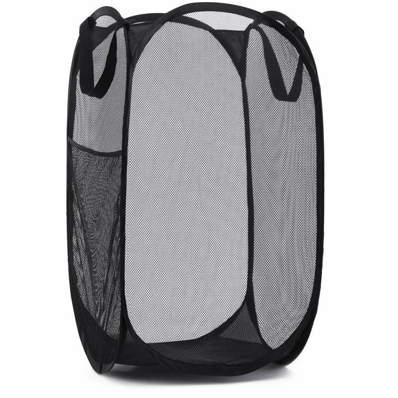 Handy Laundry Collapsible Mesh Pop Up Hamper with Wide Opening and Side Pocket – Breathable, Sturdy, Foldable, and Space-Saving Design for Clothes and Storage. (Black)