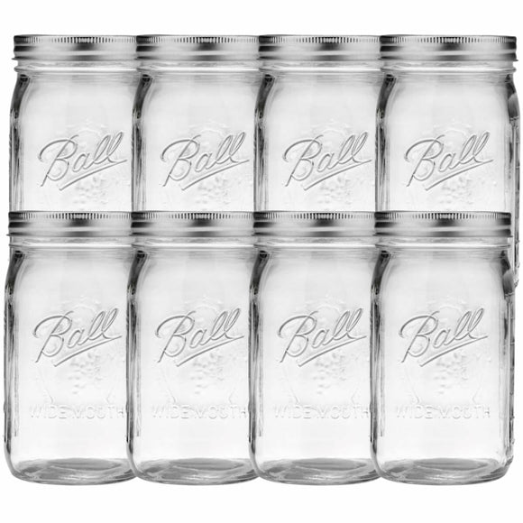 Ball Wide Mouth Glass Mason Jars with Lids and Bands, Used for Canning, Pickling, Juice, Jam, Jelly, Quart Size 32 Ounce (Pack of 8)