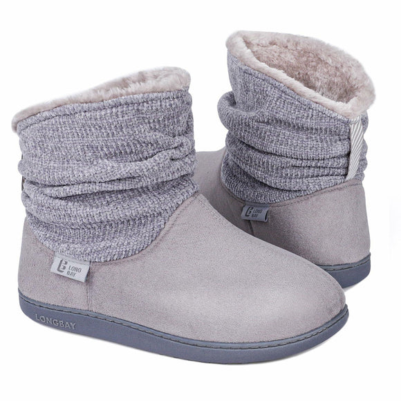 Longbay Women's Warm Chenille Knit Bootie Slippers Memory Foam Comfy Suede Fluffy Faux Fur Memory Foam Boots House Shoes (Large / 9-10, Gray)