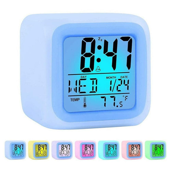 FveBzem Digital Alarm Clock for Bedroom, 3 Inch Cubic Clock with Snooze, 7 Color Nightlight, Date Display, Temperature Detect, 12/24H, Battery Operated, Easy to Set, Digital Calendar Alarm Clock
