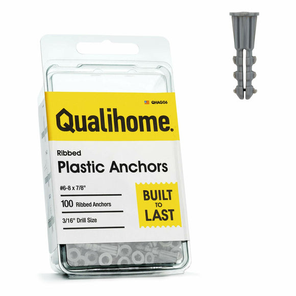 Qualihome Drywall Anchors Premium Quality Ribbed Lightweight Plastic Anchors for Hollow Walls – Wall Hanging Anchor Kit for Pictures, Artwork & Light Duty Anchoring Application (#6-8 x 7/8