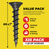 Qualihome #6 Coarse Thread Sharp Point Drywall Screw with Phillips Drive #2 Bugle Head, 1 Lb/Pound, Black, Ideal Screw for Drywall Sheetrock, Wood and More, 1 Inch, 325 Pack