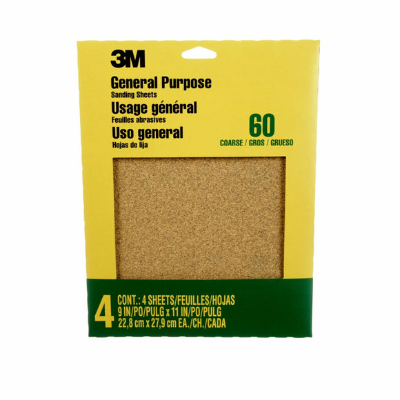 3M Sandpaper, 60 Grit, 4 Sheets, 9 in x 11 in, Sands Paint, Wood & Metal, Great For General Purpose Sanding, Coarse Aluminum Oxide Sand Paper (9003NA-20)