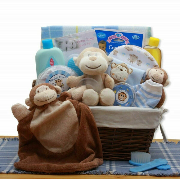 A New Little Monkey Baby Gift Basket For New Baby Blue Incl.A Personal Message!