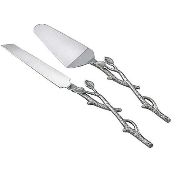 Elegant Rustic Cake Server and Knife Set with Beautiful Leaf Design, Ideal Cake Cutting Set For Wedding Party's and Elegant Events, 2 Piece Silver Twig Pie Server Set…
