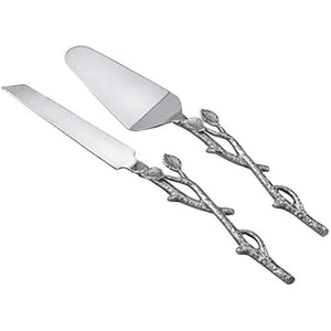 Elegant Rustic Cake Server and Knife Set with Beautiful Leaf Design, Ideal Cake Cutting Set For Wedding Party's and Elegant Events, 2 Piece Silver Twig Pie Server Set…