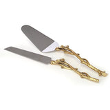 2 Piece Gold-leaf (twig) Cake Server Set. 1 Cake Knife and 1 Cake Server. Leaf Design 2 Tone Made of Stainless Steel and Brass. Ideal for Weddings, Party's, Elegant Events.
