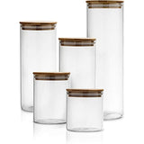 Canister Set of 5, Glass Kitchen Canisters with Airtight Bamboo Lid, Glass Storage Jars for Kitchen, Bathroom and Pantry Organization Ideal for Flour, Sugar, Coffee, Candy, Snack and More