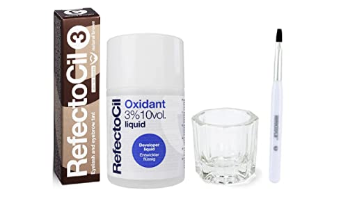 Refectocil Color Kit -Cream Hair Dye, Liquid Oxidant 3% (10 VOL)1.69oz, Mixing Brush and Glass Dappen Dish (Natural Brown)