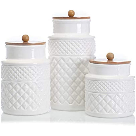 Faceted Classic White 11 x 5 Glossy Ceramic Storage Canisters Set of 3