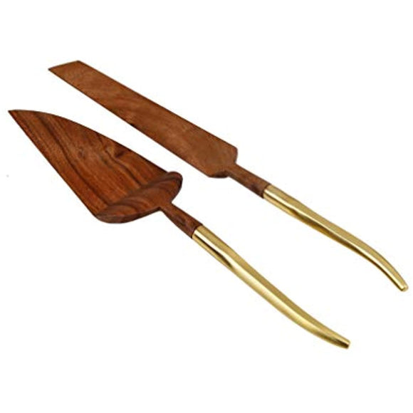 Wedding Cake Knife and Server Set, Wooden Cake Servers With Gold Handle, Ideal for Weddings, Party's, And Elegant events