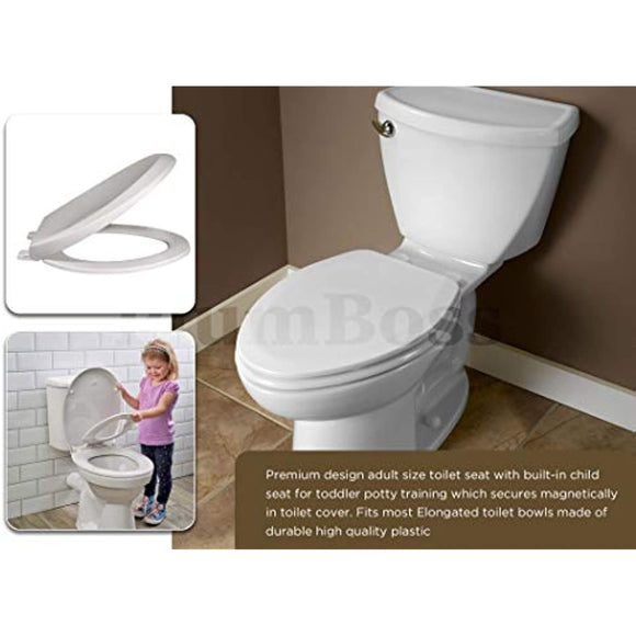 PlumBoss E2000 Elongated Toilet Seat with Built in Potty Training Toddlers Seat Magnetic Kids Seat Fits both Adult and Child Plastic Off white