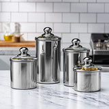 Set of 4 AIRTIGHT STAINLESS STEEL CANISTER SET for Kitchen Counter with GLASS LIDS + MARKER, LABELS, & SCOOP, Kitchen Canisters Ideal for Coffee, Flour, Sugar, Candy, Spices, Food Storage Cookie Jar