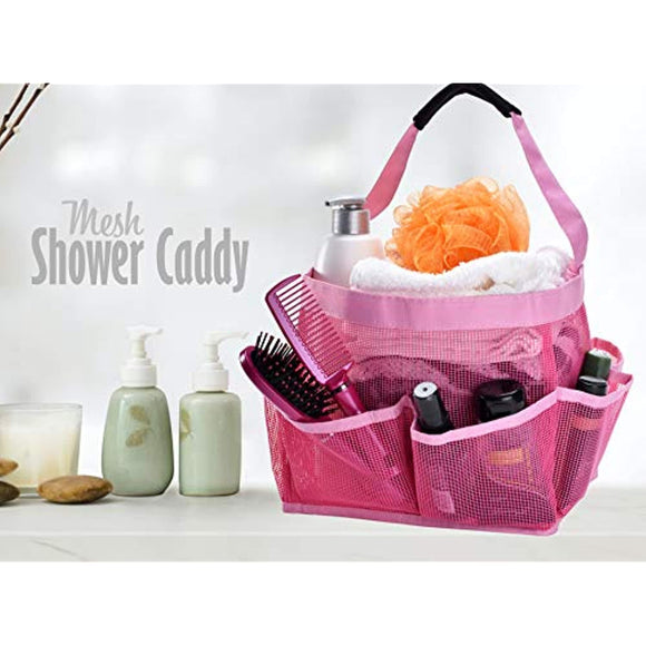 Mesh Shower Bag - Easily Carry, Organize Bathroom Toiletry Essentials While Taking a Shower. (9-Pockets | Pink)