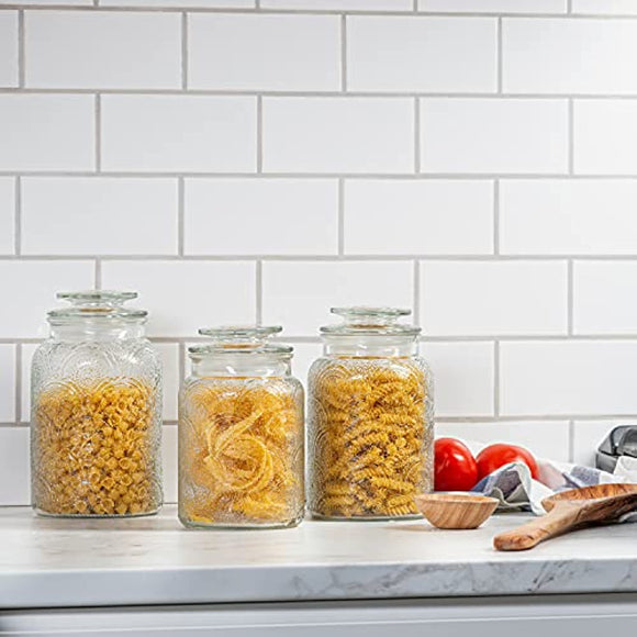 4pc Glass Canisters Set for Kitchen Counter with Airtight Lids – Vintage Retro Design - Pantry Organization Food Storage Containers for Cookies, Nut Bowl, Tea, Sugar, Candy Jars, Sugar Packet Holders.