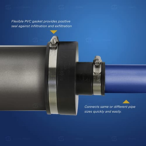 Supply Giant 6I56 Flexible Pvc Reducing Coupling with Stainless Steel Clamps, 4 x 1-1/2 Inch, Black