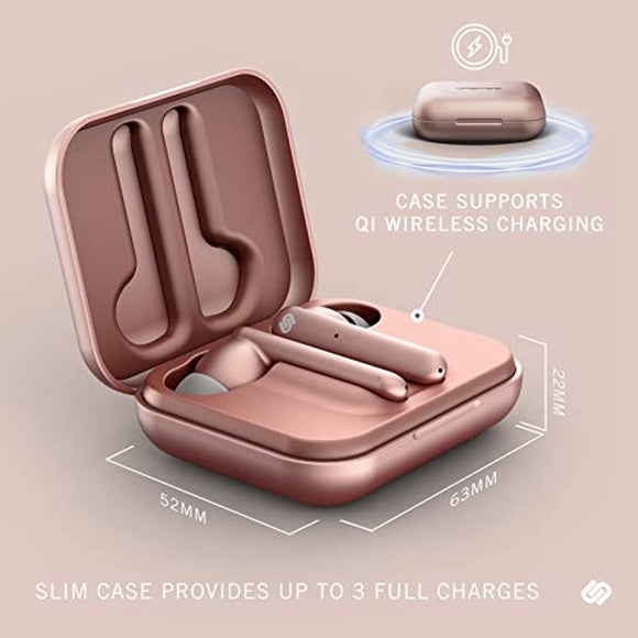 Urbanista Paris True Wireless Earphones 20H Playtime Wireless Charging Case, Bluetooth 5.0, Noise Cancelling Earphones with Touch Controls + Built-in Mic, Compatible with Android and iOS – Rose Gold