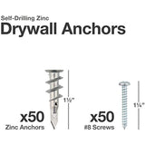 Qualihome Heavy Duty ZINC Self Drilling Drywall Anchors and Screws Kit | Includes 50 Drywall Anchors, 50 #8 1-1/4 Inch Screws & Reusable Storage Case | Anchors are Made in The USA