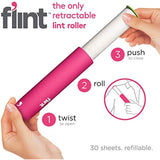 Flint Retractable Lint Roller, Refillable, 30 Sheets, Pink