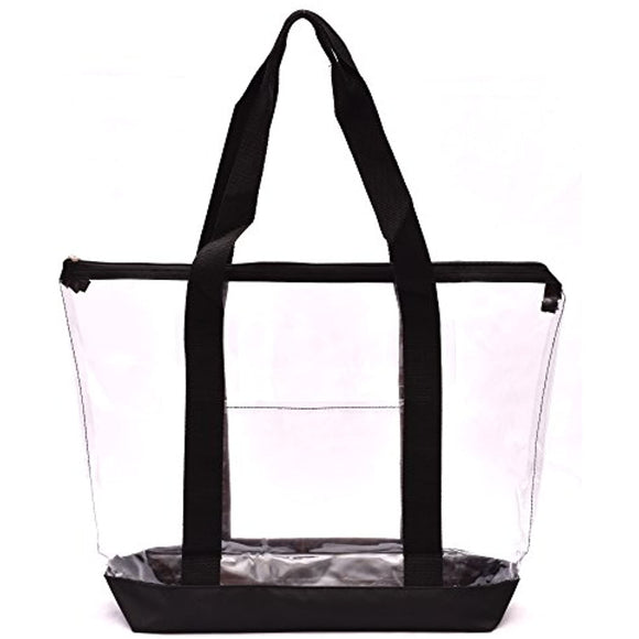 Clear Tote Bag - Zipper Closure, Long Shoulder Strap, Fabric Trimming. (Black)