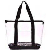 Clear Tote Bag - Zipper Closure, Long Shoulder Strap, Fabric Trimming. (Black)